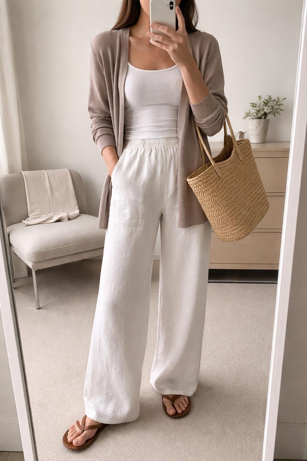 IMAGE_PROMPT: mirror selfie of a woman wearing a taupe lightweight knit cardigan, white fitted cotton tank, white relaxed wide-leg linen pants, brown flat sandals, and beige woven tote bag, holding a phone in front of a mirror, cropped at the NECK so the face does not show, relaxed casual selfie pose, in a minimal dressing room, soft indoor lighting, with folded blanket on a chair and small plant on a dresser. Latest iPhone photo quality.