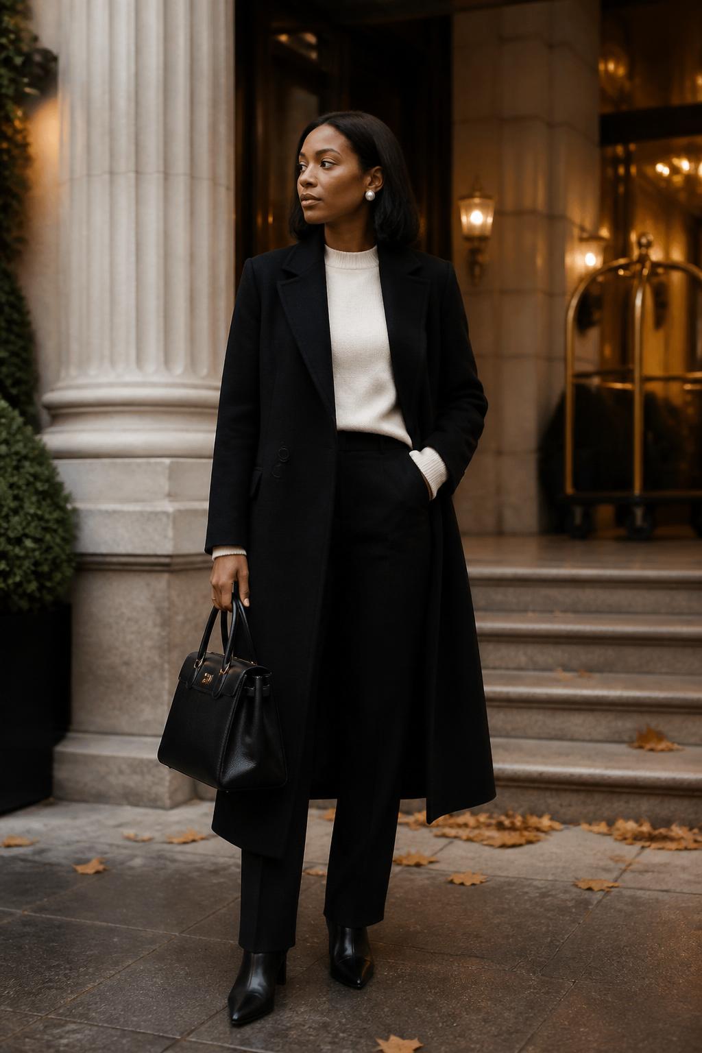 Image Prompt:
A stylish old money outfit featuring a Black woman wearing a long black wool coat over a cream cashmere sweater, black straight-leg trousers, black pointed ankle boots, a structured black leather handbag, pearl earrings, and sleek shoulder-length hair. She is standing outside a luxury hotel entrance with marble columns, warm lights, and soft autumn leaves around the steps. Realistic DSLR editorial fashion photo, elegant winter-to-autumn styling, rich wool texture, no text, no watermark.