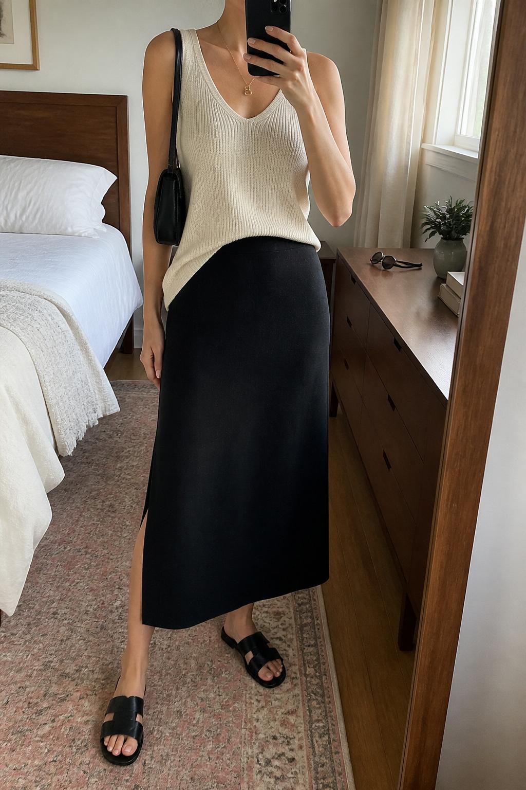 IMAGE_PROMPT: mirror selfie of a woman wearing a cream sleeveless knit tank, black linen midi skirt with side slit, black leather flat sandals, small black shoulder bag, and delicate gold necklace, clearly showing the same clothing items listed in the Outfit Pieces section, holding a phone in front of a mirror, cropped at the NECK so the face does not show, relaxed casual selfie pose, in a cozy bedroom mirror setup, natural window light, with sunglasses placed on a dresser, latest iPhone photo quality.