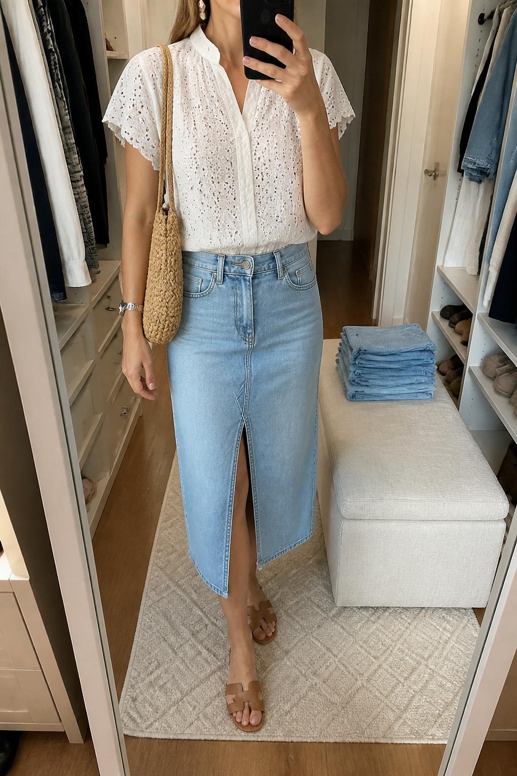 IMAGE_PROMPT: mirror selfie of a woman wearing a white eyelet short-sleeve blouse, light wash denim midi skirt with front slit, tan leather slide sandals, raffia shoulder bag, and small pearl earrings, clearly showing the same clothing items listed in the Outfit Pieces section, holding a phone in front of a mirror, cropped at the NECK so the face does not show, relaxed casual selfie pose, in a walk-in closet mirror, soft indoor lighting, with folded denim jeans on a bench, latest iPhone photo quality.