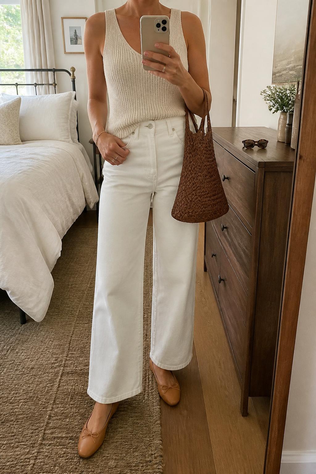 IMAGE_PROMPT: mirror selfie of a woman wearing a cream sleeveless knit tank, white wide-leg jeans, tan leather ballet flats, brown woven tote bag, and tortoiseshell sunglasses, clearly showing the same clothing items listed in the Outfit Pieces section, holding a phone in front of a mirror, cropped at the NECK so the face does not show, relaxed casual selfie pose, in a cozy bedroom mirror setup, natural window light, with sunglasses placed on a dresser, latest iPhone photo quality.