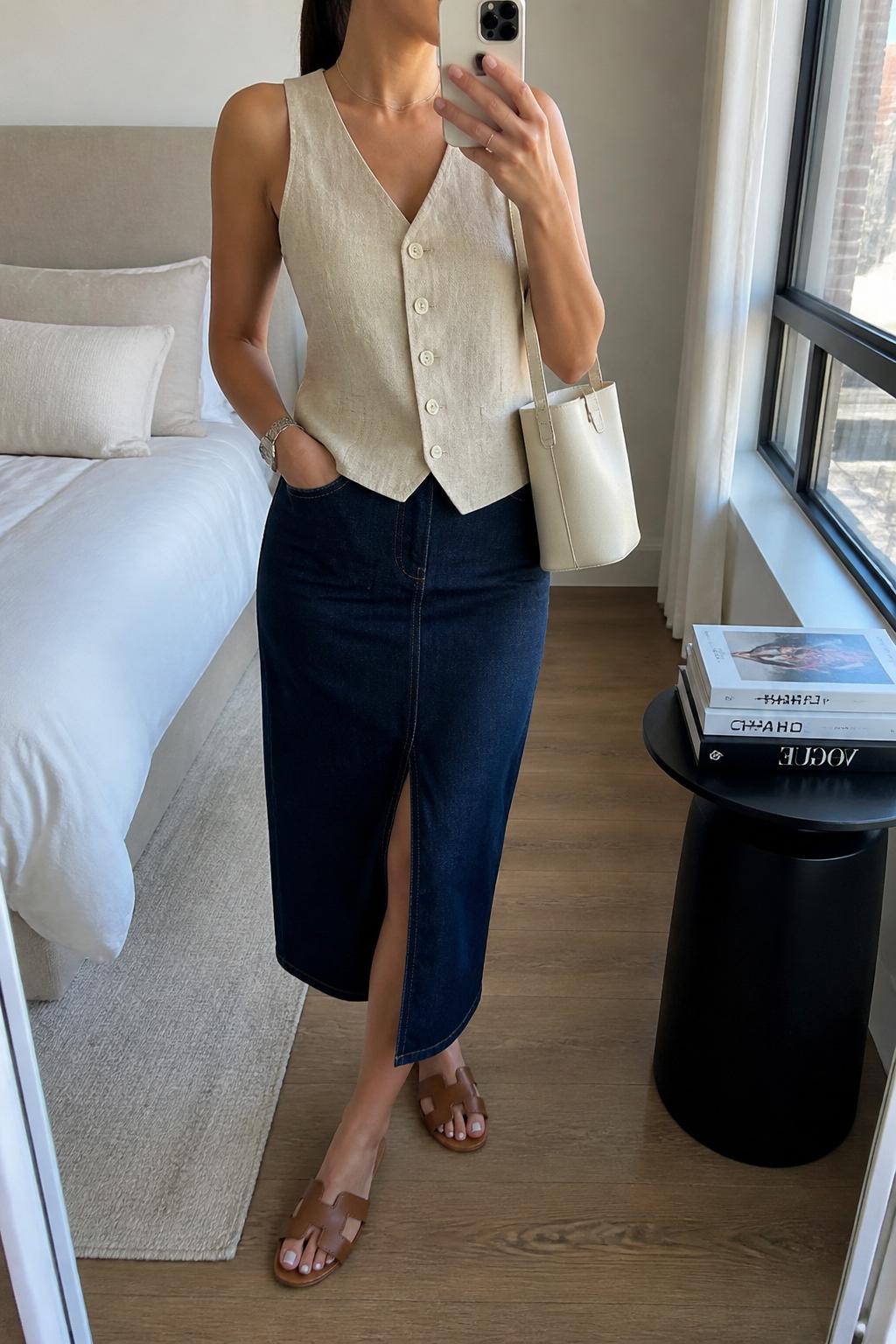 IMAGE_PROMPT: mirror selfie of a woman wearing a beige linen vest top, dark wash denim midi skirt with front slit, brown leather flat sandals, cream bucket bag, and sleek low ponytail, clearly showing the same clothing items listed in the Outfit Pieces section, holding a phone in front of a mirror, cropped at the NECK so the face does not show, relaxed casual selfie pose, in a stylish city apartment bedroom, natural window light, with stack of fashion magazines on a side table, latest iPhone photo quality.