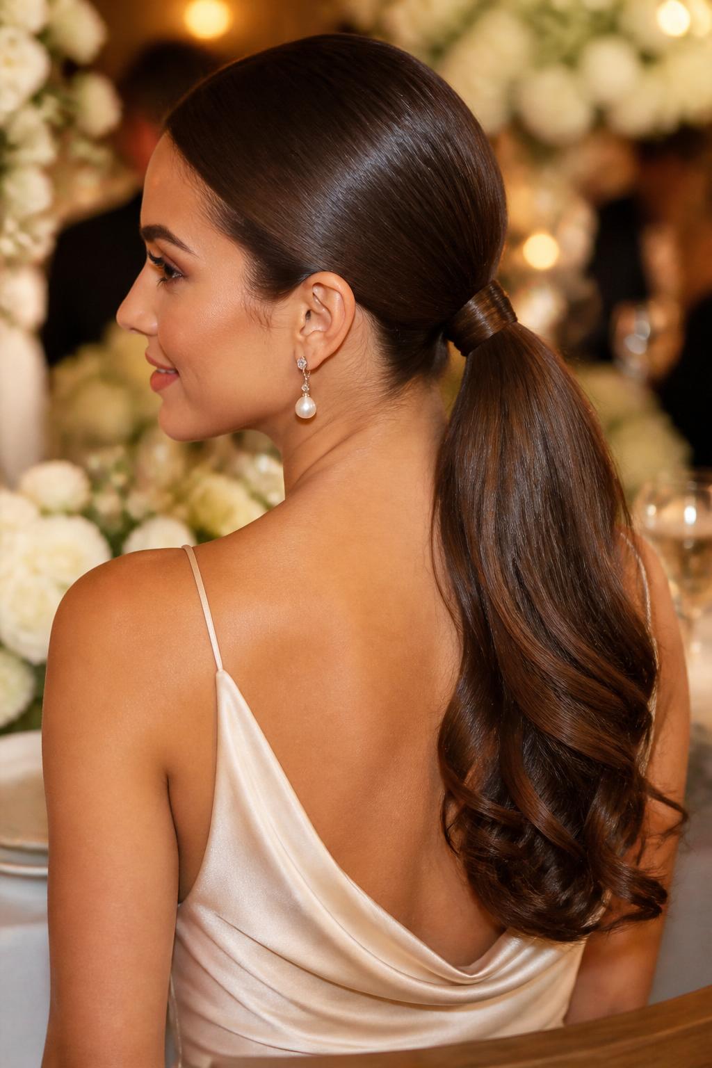 Image Prompt:
A realistic editorial beauty photo of a woman with long glossy dark brown hair styled into a sleek low ponytail for a wedding guest look, clean center part, smooth polished crown, hair wrapped around the ponytail base, soft curled ends, pearl drop earrings, champagne satin dress neckline, warm indoor wedding venue lighting, elegant blurred floral reception background, classy formal hairstyle inspiration, high-resolution DSLR photography, no text, (no watermarks on images)