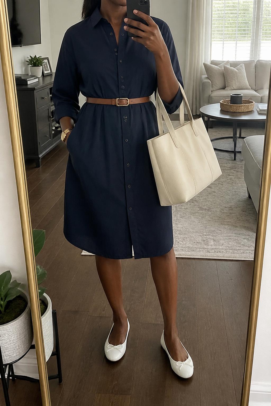 IMAGE_PROMPT: mirror selfie of a black woman wearing a navy cotton shirt dress, white leather ballet flats, slim brown belt, structured cream tote bag, and sleek low ponytail, clearly showing the same clothing items listed in the Outfit Pieces section, holding a phone in front of a mirror, cropped at the NECK so the face does not show, relaxed casual selfie pose, in a cozy living room with a leaning floor mirror, natural window light, with small plant beside the floor mirror, latest iPhone photo quality.