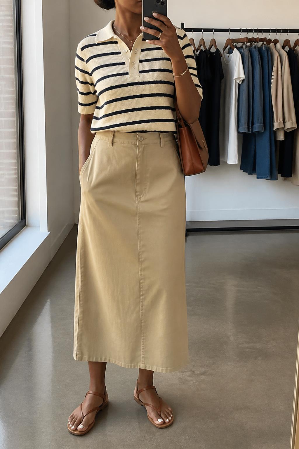 IMAGE_PROMPT: mirror selfie of a black woman wearing a cream and navy striped knit polo, khaki cotton midi skirt, tan leather flat sandals, brown shoulder bag, and sleek bun, clearly showing the same clothing items listed in the Outfit Pieces section, holding a phone in front of a mirror, cropped at the NECK so the face does not show, relaxed casual selfie pose, in a fashion studio mirror corner, natural window light, with clothing rack with garments behind, latest iPhone photo quality.