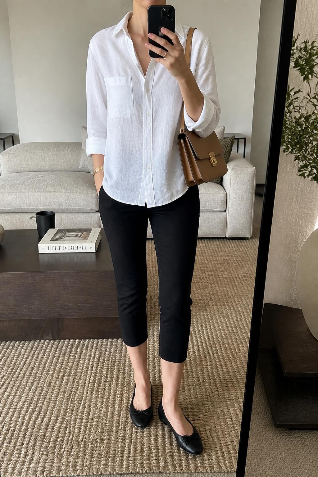 IMAGE_PROMPT: mirror selfie of a woman wearing a white linen button-down shirt, black slim capri pants, black leather ballet flats, structured tan shoulder bag, and sleek low bun, clearly showing the same clothing items listed in the Outfit Pieces section, holding a phone in front of a mirror, cropped at the NECK so the face does not show, relaxed casual selfie pose, in a modern living room mirror setup, natural window light, with coffee table with a book and mug, latest iPhone photo quality.