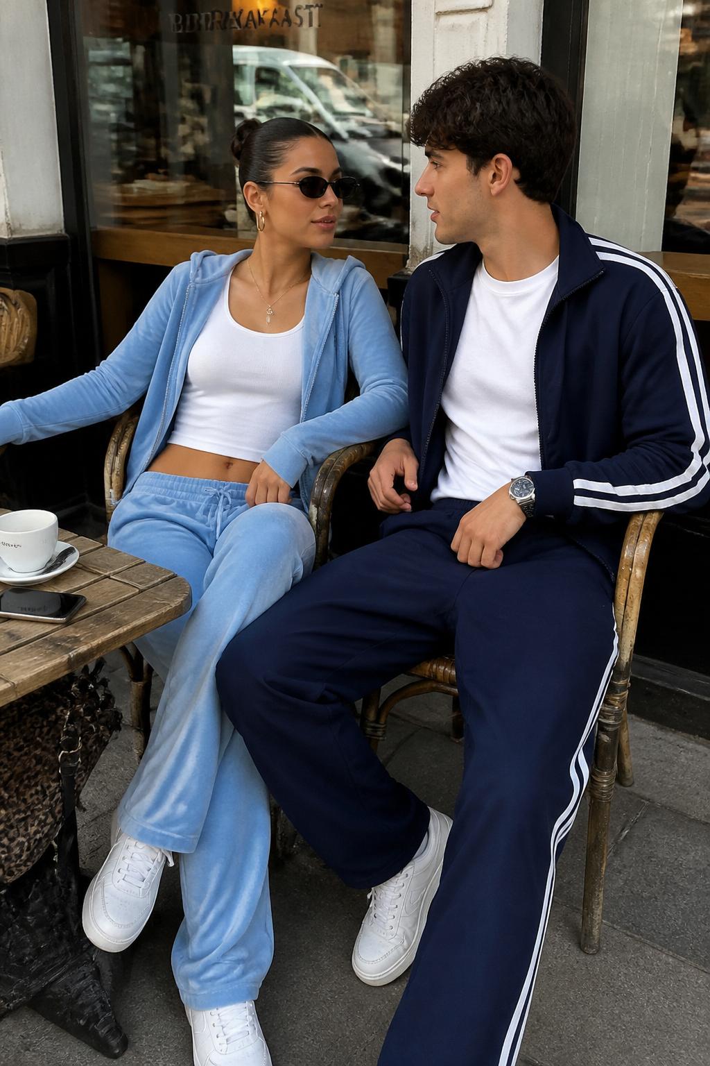 Outfit Image Prompt:
A stylish couple wearing cozy Y2K sporty outfits in a casual outdoor café setting, woman wearing a baby blue velour zip-up hoodie with matching low-rise velour pants, white crop tank, hoop earrings, mini sunglasses, and white sneakers, man wearing a navy track jacket with white stripes, relaxed navy joggers, white T-shirt, silver watch, and clean white sneakers, coordinated sporty Y2K couple look, natural seated café pose, realistic everyday photo style, soft daylight, natural skin texture, normal clothing folds, slightly lived-in fabric, no over-polished model pose, no overly sharp AI look, no watermarks on images