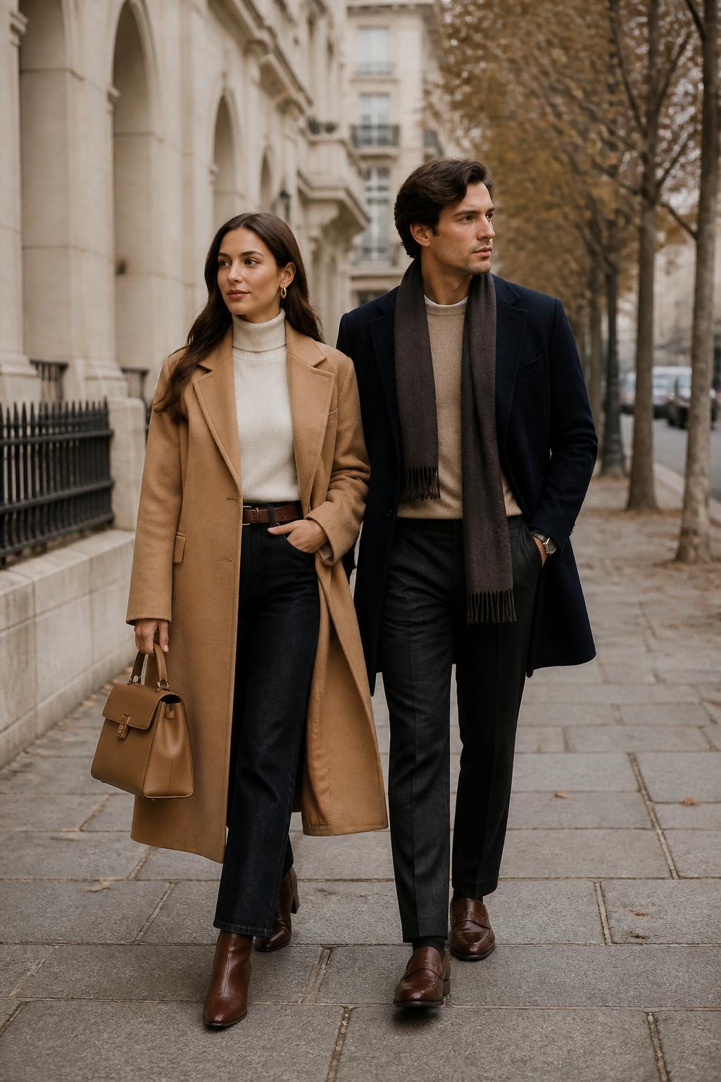 Image Prompt:
A stylish old money couple outfit featuring a couple walking through a quiet city street in autumn with cream stone buildings, brown leaves, and soft cloudy daylight. The woman wears a long camel wool coat over a cream turtleneck, straight-leg dark denim, brown leather ankle boots, a structured tan handbag, and gold earrings. The man wears a navy wool coat over a beige crewneck sweater, dark tailored trousers, brown leather loafers, a classic watch, and a neat scarf. The outfits should feel coordinated through camel, navy, cream, and brown tones. Realistic DSLR editorial street style photo, polished autumn couple fashion, full-body framing, no text, no watermark.