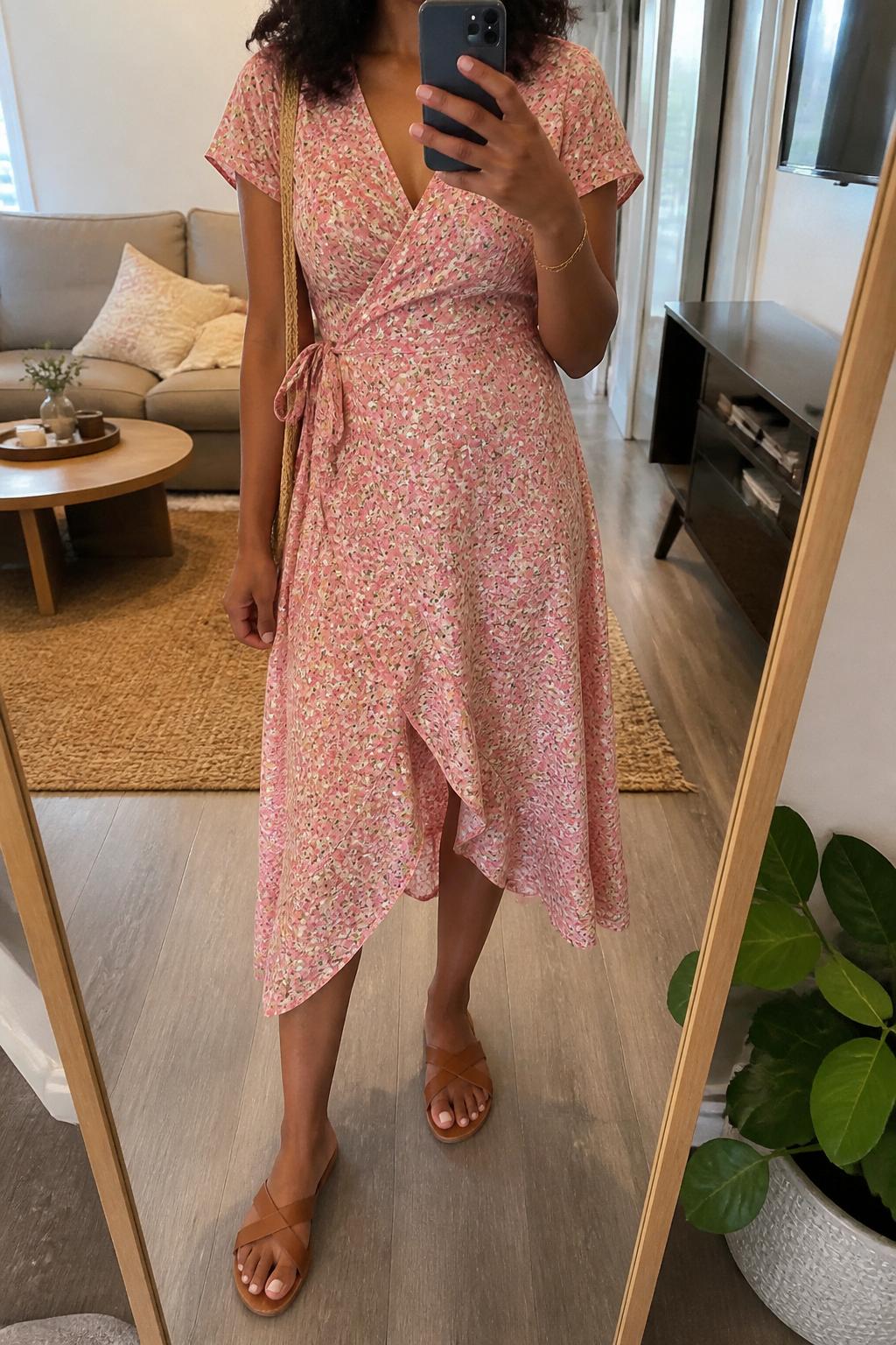 IMAGE_PROMPT: mirror selfie of a black woman wearing a pink floral wrap midi dress, brown leather flat sandals, straw shoulder bag, thin gold bracelet, and shoulder-length curls, clearly showing the same clothing items listed in the Outfit Pieces section, holding a phone in front of a mirror, cropped at the NECK so the face does not show, relaxed casual selfie pose, in a cozy living room with a leaning floor mirror, natural window light, with small plant beside the floor mirror, latest iPhone photo quality.