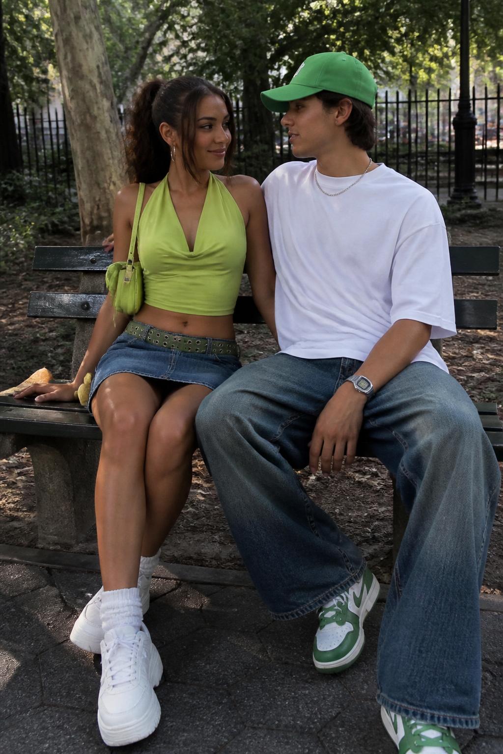 Outfit Image Prompt:
A cute couple wearing green-accented Y2K outfits in a casual park setting, woman wearing a lime green halter top, low-rise denim skirt, white platform sneakers, green mini bag, and silver hoop earrings, man wearing a white oversized T-shirt, loose blue jeans, green and white sneakers, silver watch, and a green baseball cap, coordinated green and denim couple outfit, natural seated pose on a park bench, realistic outdoor photo, soft daylight, natural skin texture, normal fabric wrinkles, relaxed expressions, no overly sharp AI detail, no glossy plastic skin, no watermarks on images