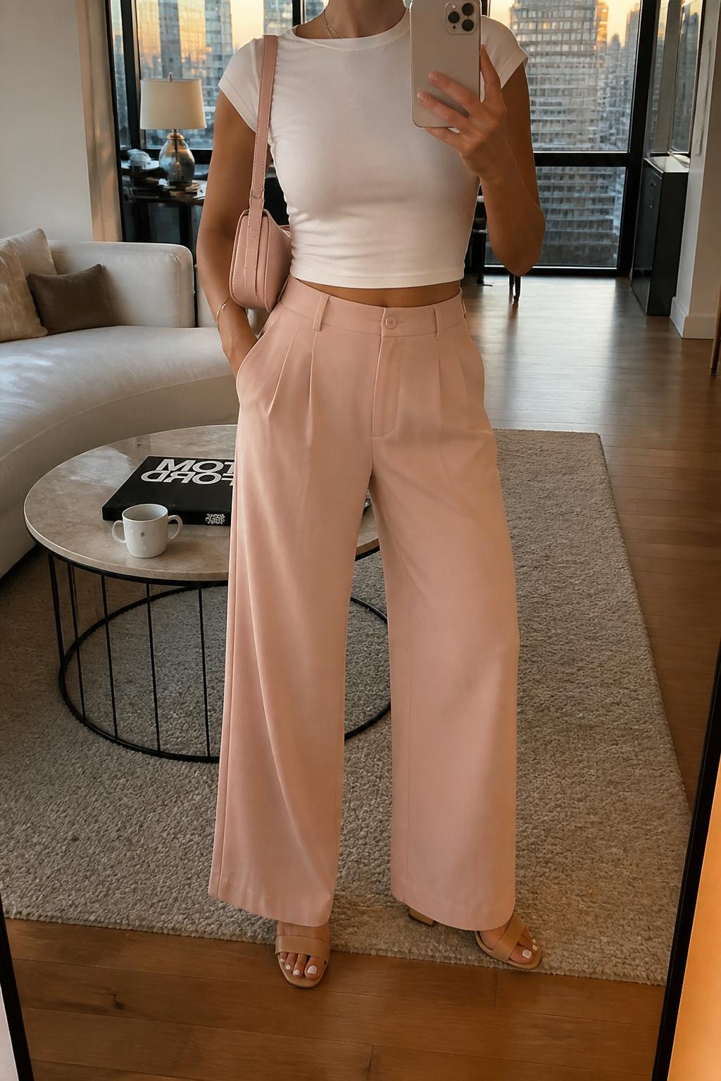 IMAGE_PROMPT: mirror selfie of a woman wearing a fitted white baby tee, blush pink wide-leg trousers, nude block-heel sandals, small blush shoulder bag, and sleek side-part bun, clearly showing the same clothing items listed in the Outfit Pieces section, holding a phone in front of a mirror, cropped at the NECK so the face does not show, relaxed casual selfie pose, in a stylish city apartment living room, evening golden hour, with coffee table with a book and mug, latest iPhone photo quality.