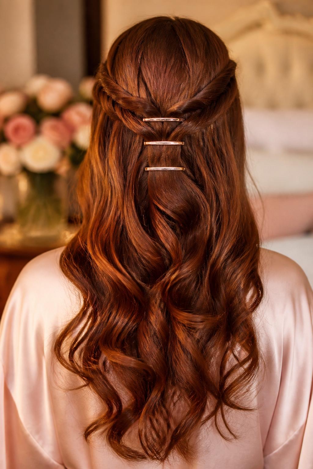 Image Prompt:
A realistic back-view editorial hairstyle photo of a woman with long auburn hair styled in a waterfall half-up hairstyle, three slim gold French clips placed vertically down the gathered center section to create a soft cascading effect, loose curled ends flowing down the back, blush satin blouse, softly blurred floral bedroom background, warm glowy lighting, creative feminine hairstyle inspiration, high-resolution DSLR photo, no text, (no watermarks on images)