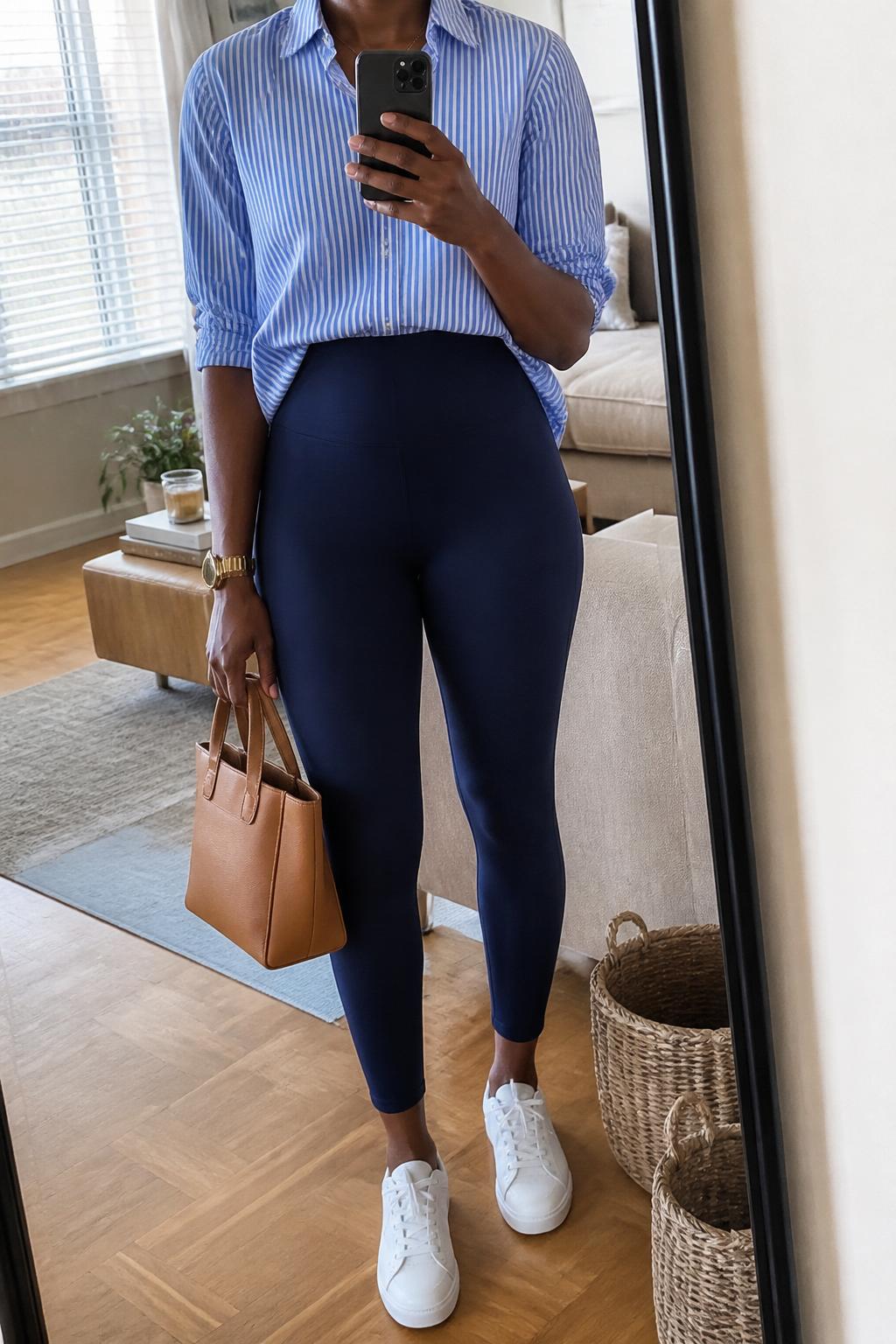 IMAGE_PROMPT: mirror selfie of a black woman wearing a blue and white striped cotton button-down shirt, navy high-waisted ankle leggings, white leather sneakers, tan mini tote bag, and gold watch, clearly showing the same clothing items listed in the Outfit Pieces section, holding a phone in front of a mirror, cropped at the NECK so the face does not show, relaxed casual selfie pose, in a cozy living room with a leaning floor mirror, natural window light, with woven basket near the mirror, latest iPhone photo quality.