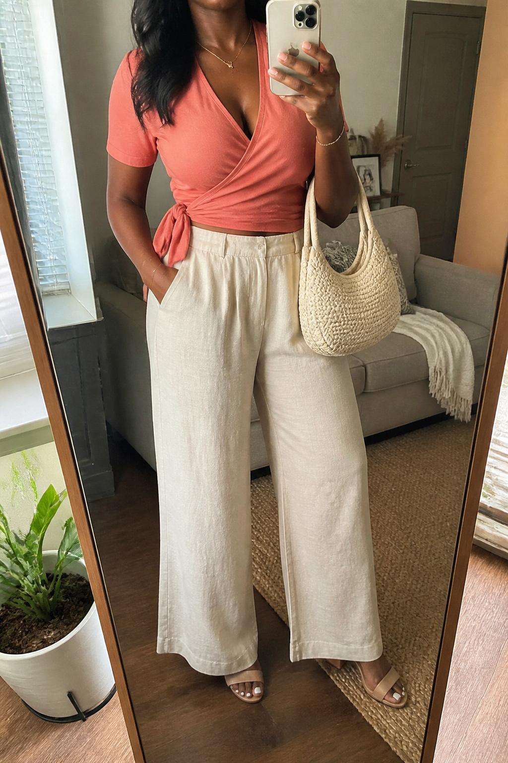 IMAGE_PROMPT: mirror selfie of a black woman wearing a coral short-sleeve wrap top, beige linen wide-leg trousers, nude block-heel sandals, cream woven handbag, and glossy nude lip makeup, clearly showing the same clothing items listed in the Outfit Pieces section, holding a phone in front of a mirror, cropped at the NECK so the face does not show, relaxed casual selfie pose, in a cozy living room with a leaning floor mirror, natural window light, with small plant beside the floor mirror, latest iPhone photo quality.