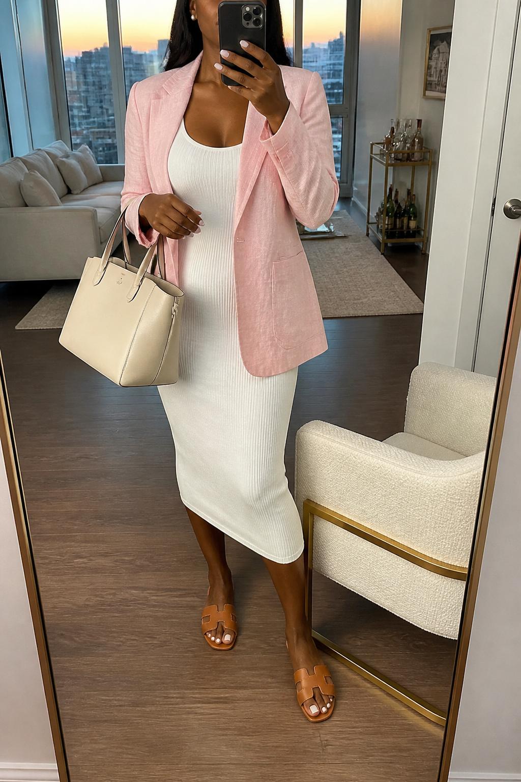 IMAGE_PROMPT: mirror selfie of a black woman wearing a soft pink linen blazer, white fitted tank dress, tan leather slide sandals, cream structured tote bag, and pearl stud earrings, clearly showing the same clothing items listed in the Outfit Pieces section, holding a phone in front of a mirror, cropped at the NECK so the face does not show, relaxed casual selfie pose, in a stylish city apartment living room, evening golden hour, with accent chair beside the mirror, latest iPhone photo quality.