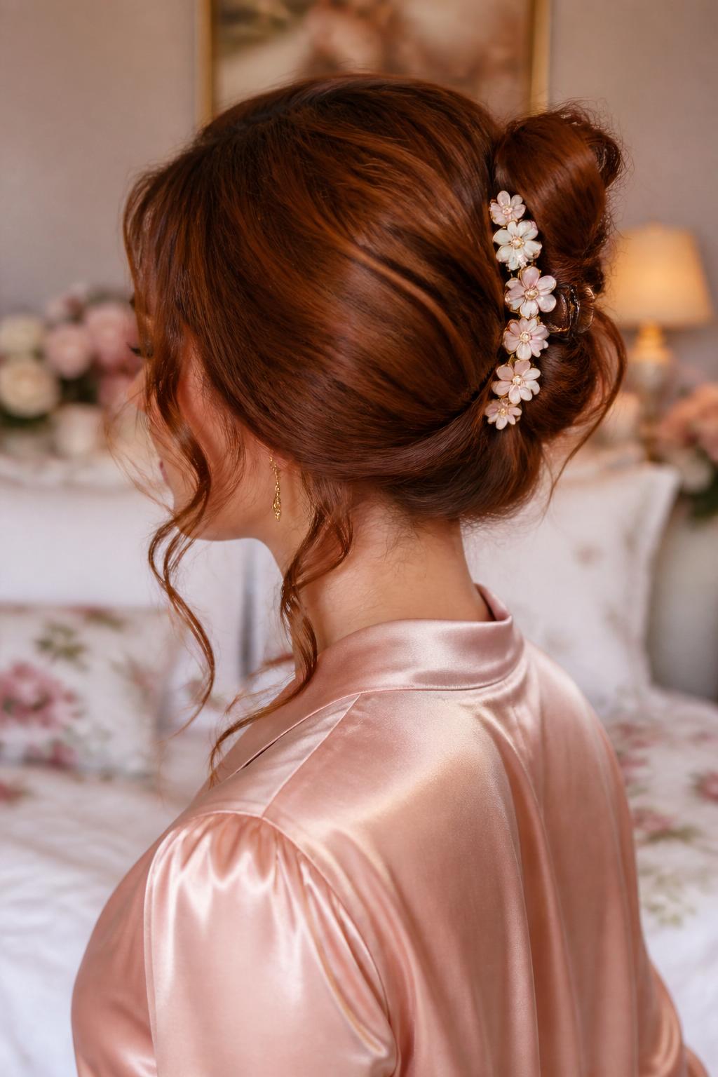 Image Prompt:
A realistic romantic hairstyle photo of a woman with medium-length auburn hair styled into a loose banana clip twist, soft curled tendrils around the cheeks and neck, floral banana clip holding the twist at the back, blush satin blouse, softly blurred floral bedroom background, warm glowy lighting, feminine beauty inspiration, high-resolution DSLR photography, no text, (no watermarks on images)