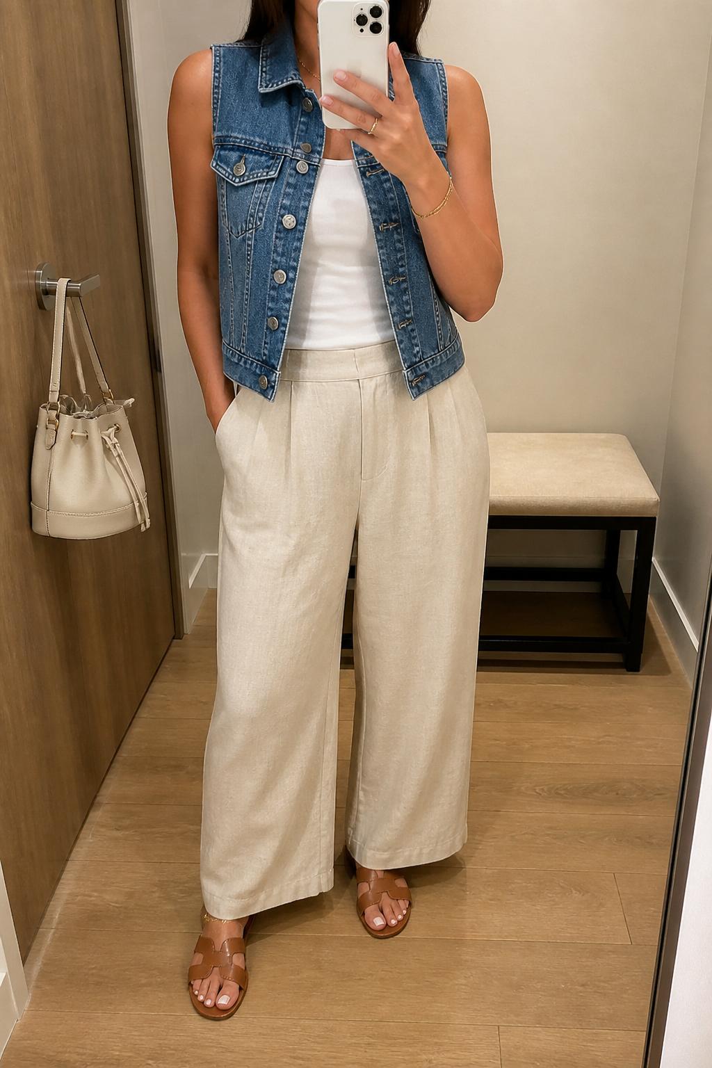 IMAGE_PROMPT: mirror selfie of a woman wearing a sleeveless medium wash denim jacket, white fitted tank top, beige linen wide-leg trousers, tan leather sandals, and cream bucket bag, clearly showing the same clothing items listed in the Outfit Pieces section, holding a phone in front of a mirror, cropped at the NECK so the face does not show, relaxed casual selfie pose, in a minimal dressing room, soft indoor lighting, with handbag hanging on a door handle, latest iPhone photo quality.
