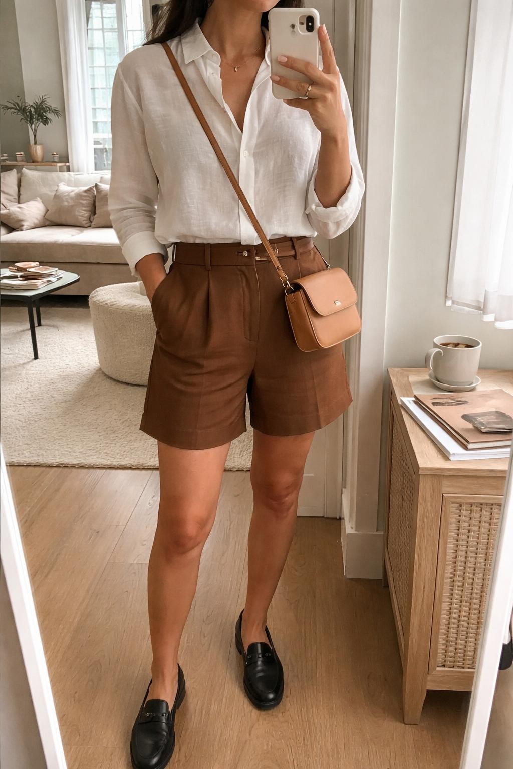 IMAGE_PROMPT: mirror selfie of a woman wearing a white lightweight linen button-down shirt, warm brown tailored shorts, black leather loafers, small tan crossbody bag, and soft peach lip gloss, holding a phone in front of a mirror, cropped at the NECK so the face does not show, relaxed casual selfie pose, in a stylish city apartment, soft indoor lighting, with coffee mug on a bedside table and fashion magazines on a side table. Latest iPhone photo quality.