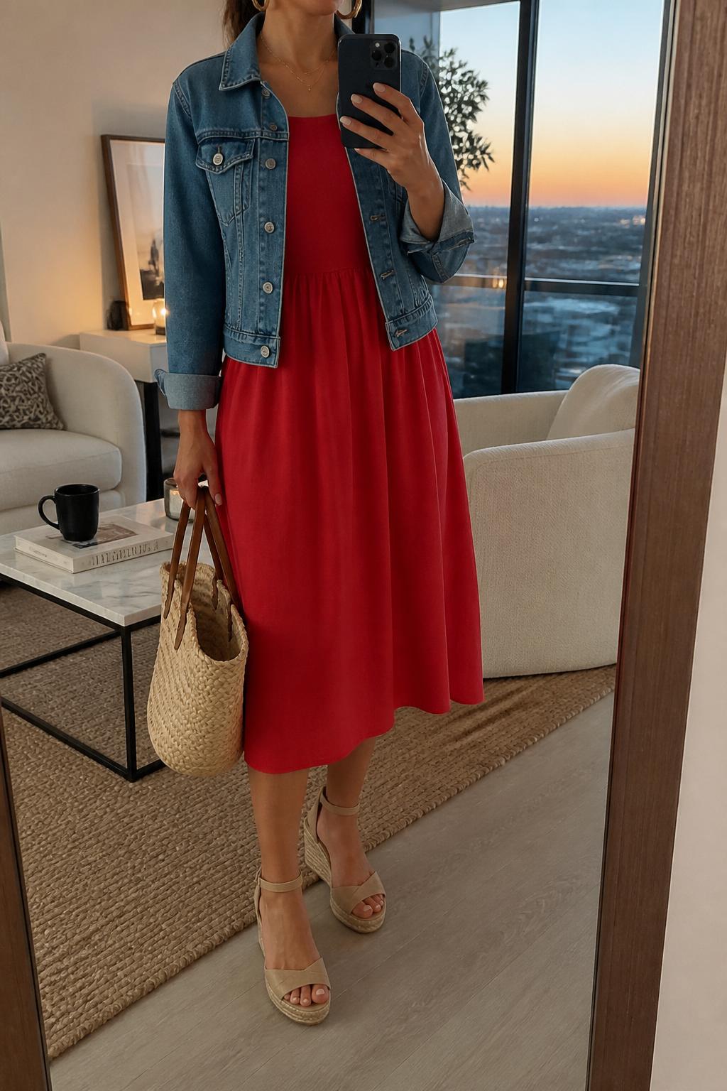 IMAGE_PROMPT: mirror selfie of a woman wearing a classic blue jean jacket, red linen midi dress, tan wedge espadrilles, straw basket bag, and gold hoop earrings, clearly showing the same clothing items listed in the Outfit Pieces section, holding a phone in front of a mirror, cropped at the NECK so the face does not show, relaxed casual selfie pose, in a stylish city apartment living room, evening golden hour, with coffee table with a book and mug, latest iPhone photo quality.