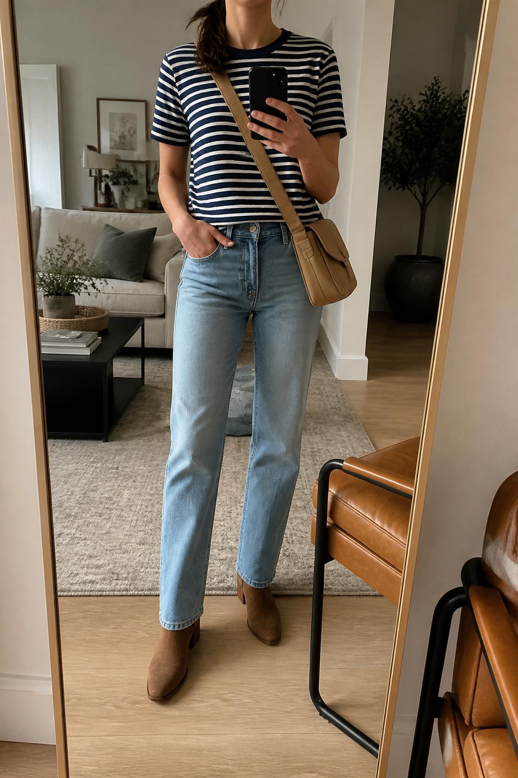 IMAGE_PROMPT: mirror selfie of a woman wearing a navy and white striped cotton tee, light wash straight-leg jeans, brown suede ankle boots, tan canvas crossbody bag, and loose low ponytail, clearly showing the same clothing items listed in the Outfit Pieces section, holding a phone in front of a mirror, cropped at the NECK so the face does not show, relaxed casual selfie pose, in a modern living room mirror setup, soft morning light, with accent chair beside the mirror, latest iPhone photo quality.