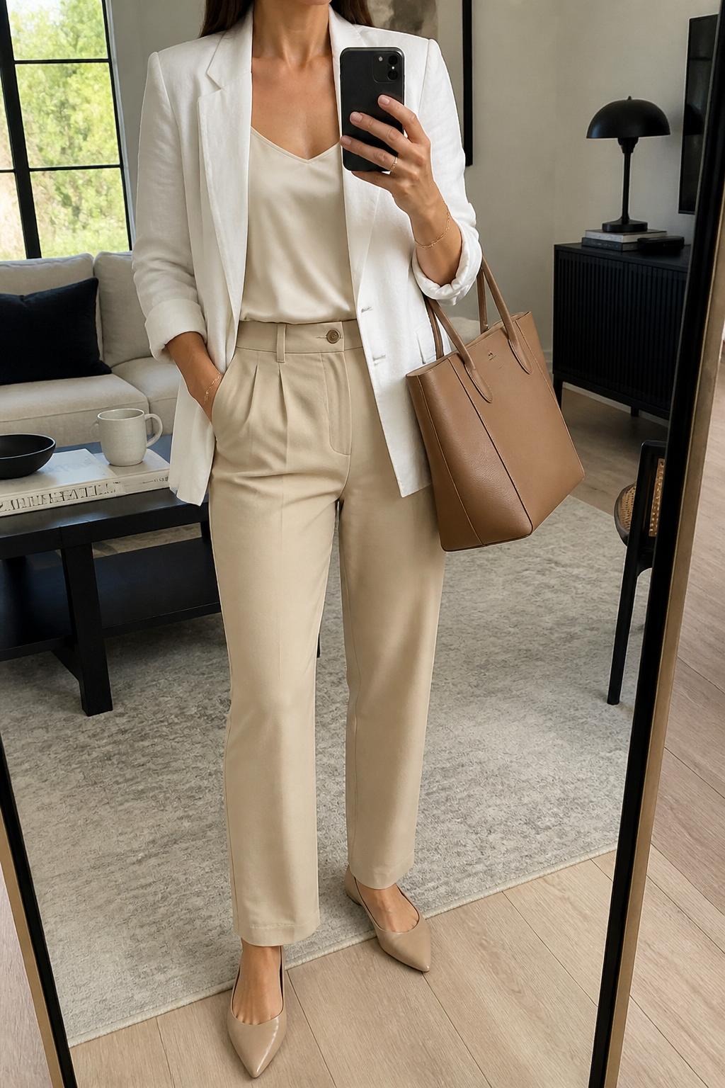 IMAGE_PROMPT: mirror selfie of a woman wearing a white linen blazer, soft cream sleeveless blouse, tailored beige trousers, nude pointed flats, and structured tan tote bag, clearly showing the same clothing items listed in the Outfit Pieces section, holding a phone in front of a mirror, cropped at the NECK so the face does not show, relaxed casual selfie pose, in a modern living room mirror setup, natural window light, with coffee table with a book and mug, latest iPhone photo quality.