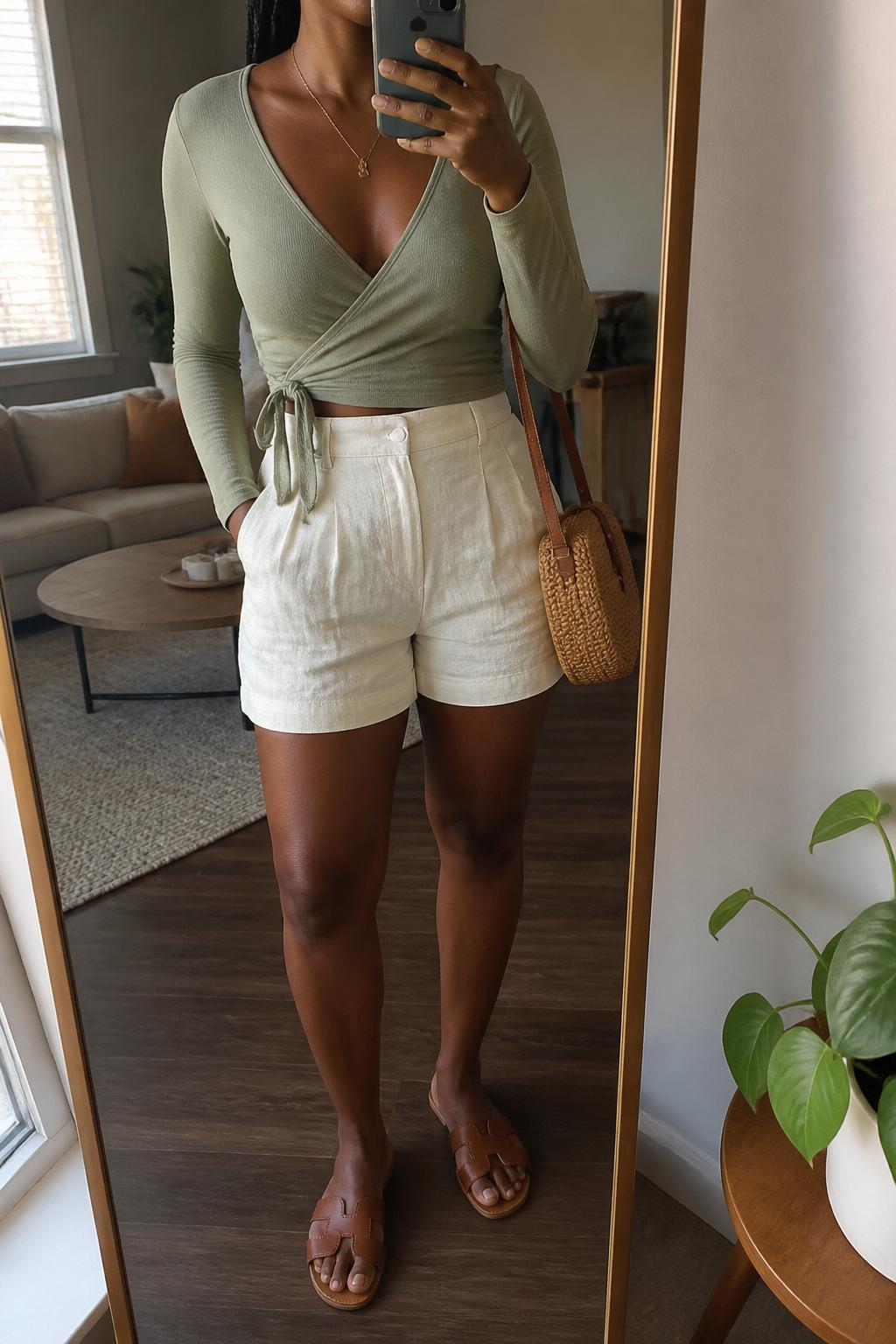 IMAGE_PROMPT: mirror selfie of a black woman wearing a sage green long-sleeve wrap top, cream linen tailored shorts, brown leather slide sandals, tan woven crossbody bag, and delicate gold necklace, clearly showing the same clothing items listed in the Outfit Pieces section, holding a phone in front of a mirror, cropped at the NECK so the face does not show, relaxed casual selfie pose, in a cozy living room with a leaning floor mirror, natural window light, with small plant beside the floor mirror, latest iPhone photo quality.
