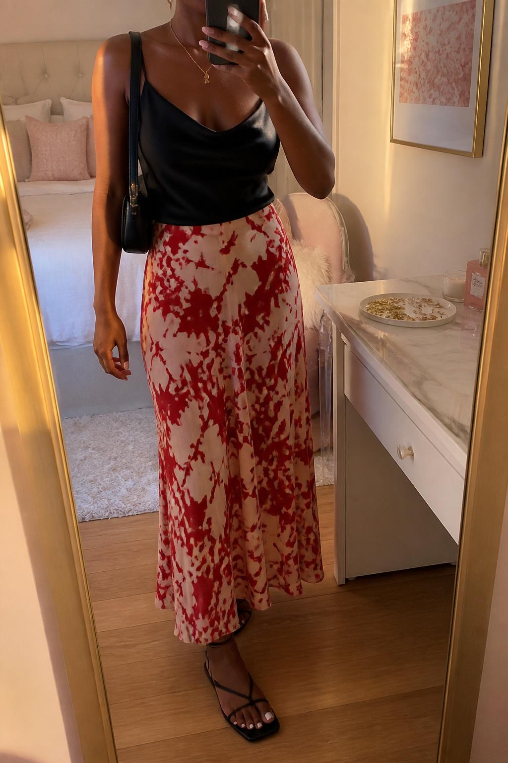 IMAGE_PROMPT: mirror selfie of a black woman wearing a black satin camisole, red and cream printed flowy maxi skirt, black strappy flat sandals, small black shoulder bag, and delicate gold necklace, clearly showing the same clothing items listed in the Outfit Pieces section, holding a phone in front of a mirror, cropped at the NECK so the face does not show, relaxed casual selfie pose, in a feminine-themed bedroom, evening golden hour, with jewelry tray on the vanity, latest iPhone photo quality.