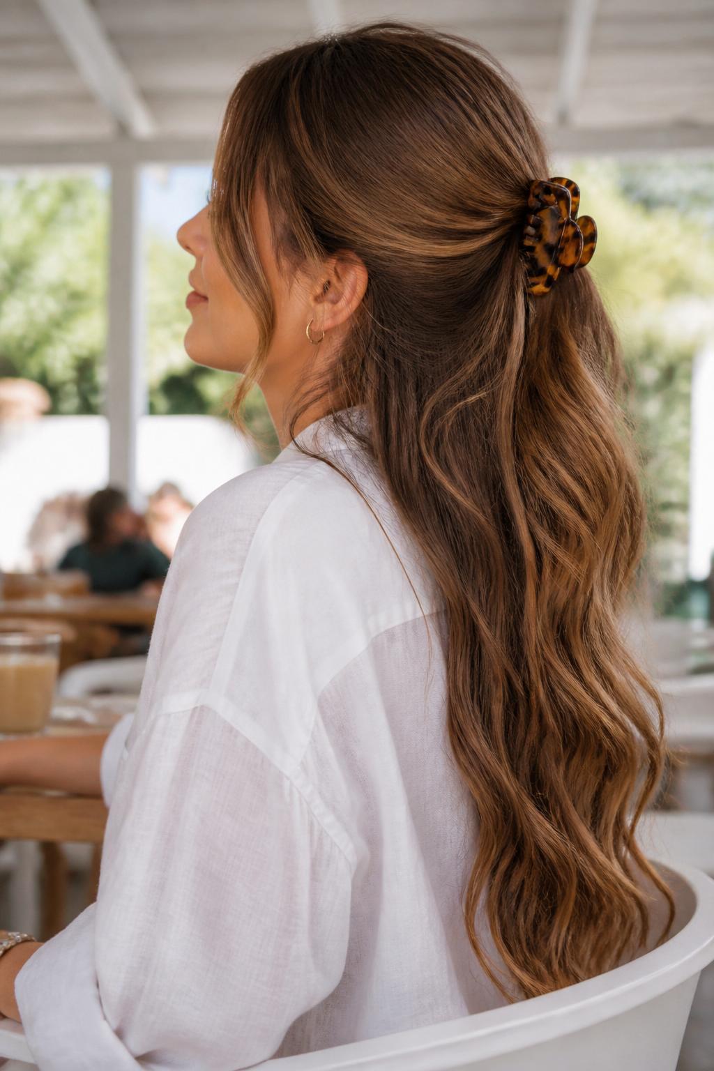 Image Prompt:
A realistic beauty photo of a woman with long honey brown wavy hair styled half-up half-down with a tortoiseshell banana clip, top section softly gathered back, loose waves cascading over the shoulders and back, face-framing tendrils, white linen blouse, airy café background, bright natural daylight, feminine casual hairstyle inspiration, high-resolution DSLR style, no text, (no watermarks on images)
