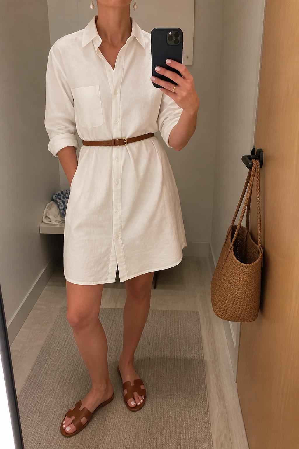 IMAGE_PROMPT: mirror selfie of a woman wearing a white cotton shirt dress, slim brown leather belt, brown leather slide sandals, tan woven handbag, and pearl drop earrings, clearly showing the same clothing items listed in the Outfit Pieces section, holding a phone in front of a mirror, cropped at the NECK so the face does not show, relaxed casual selfie pose, in a minimal dressing room, soft indoor lighting, with handbag hanging on a door handle, latest iPhone photo quality.
