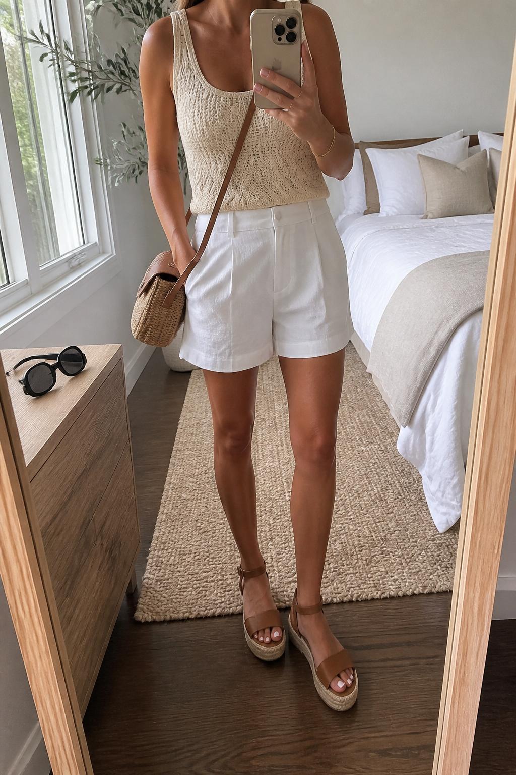 IMAGE_PROMPT: mirror selfie of a woman wearing a cream crochet tank top, white linen tailored shorts, tan espadrille sandals, raffia crossbody bag, and oversized sunglasses, clearly showing the same clothing items listed in the Outfit Pieces section, holding a phone in front of a mirror, cropped at the NECK so the face does not show, relaxed casual selfie pose, in a cozy bedroom mirror setup, natural window light, with sunglasses placed on a dresser, latest iPhone photo quality.