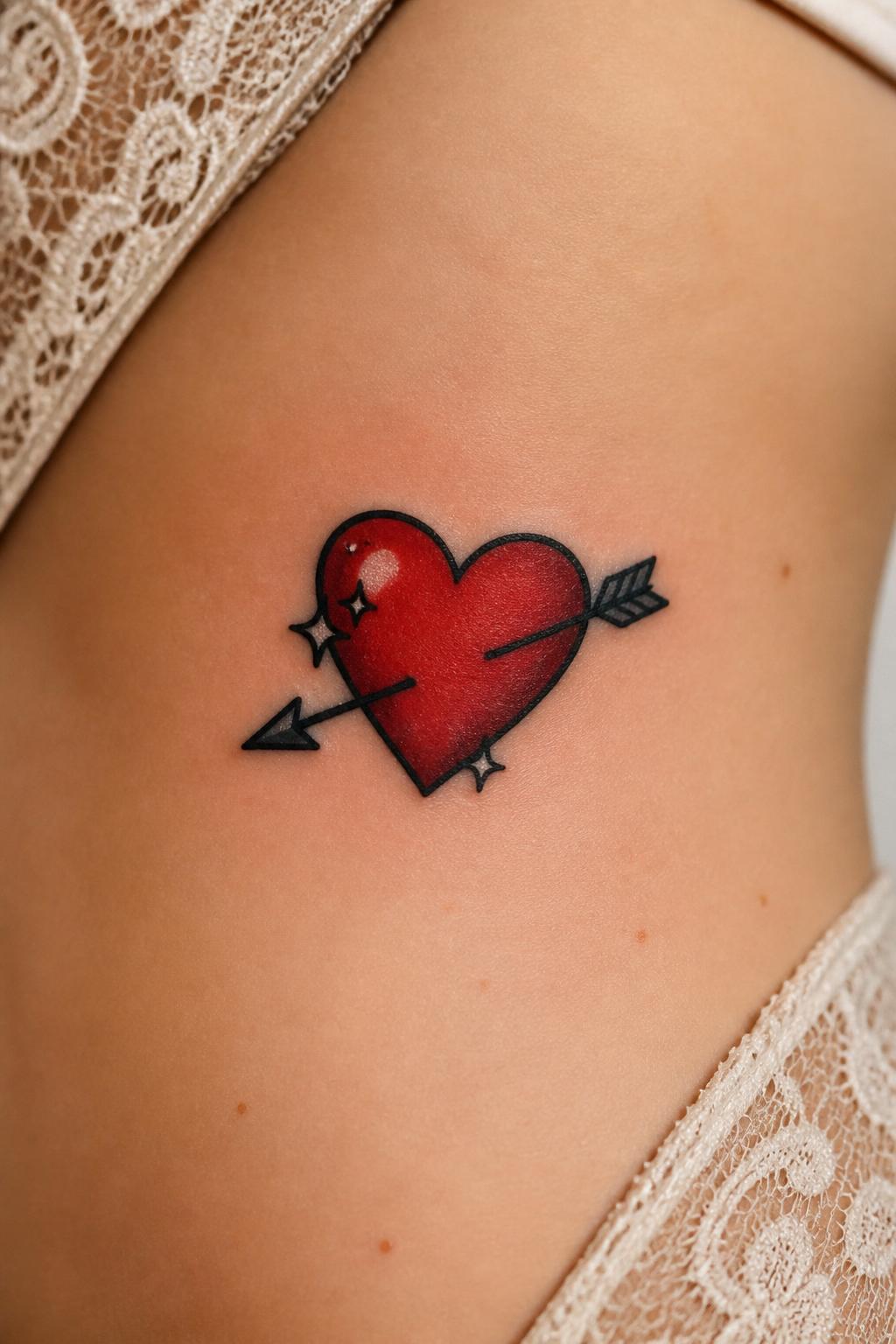 Image Prompt: "Extreme close-up of a cute American traditional cupid heart tattoo on the ribcage, bold black outline, bright red heart, tiny black arrow through the center, small sparkle details, soft shading, feminine placement, lace fabric softly visible at the edge, clean minimal background, realistic tattoo photo"