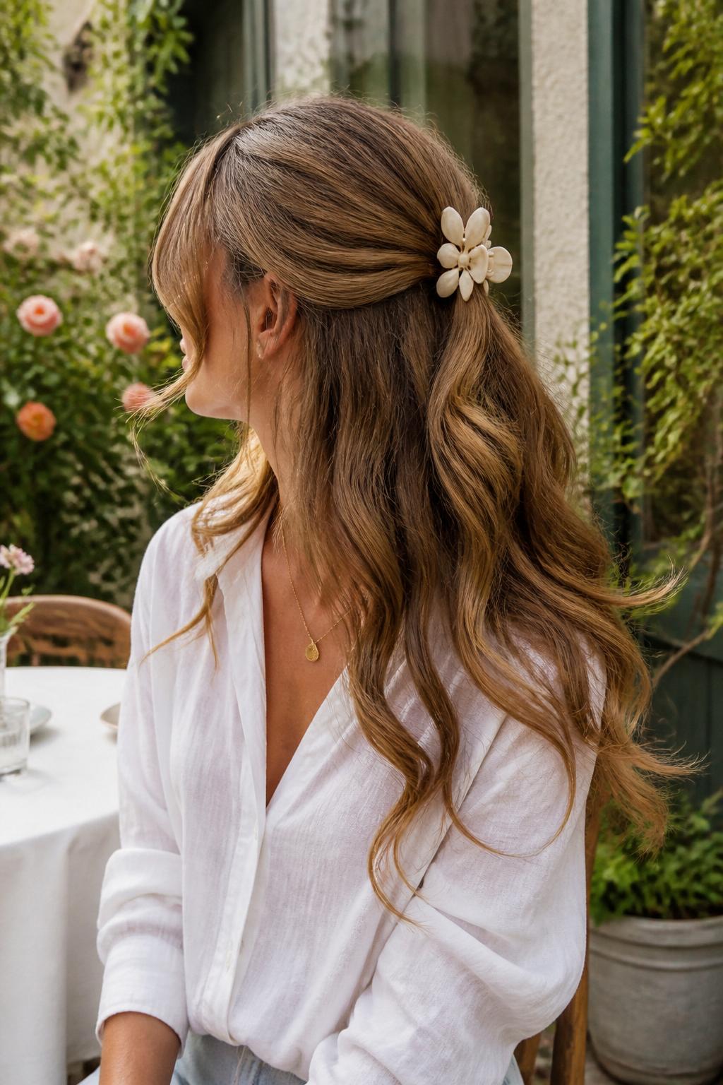 Image Prompt:
A realistic editorial beauty photo of a woman with long honey brown wavy hair styled in a soft half-up half-down hairstyle, top section gently pulled back and secured with a medium ivory flower claw clip, loose waves flowing over the shoulders, soft face-framing tendrils, white linen blouse, delicate gold necklace, airy garden cafe background, warm natural daylight, romantic feminine hairstyle inspiration, high-resolution DSLR photo, no text, (no watermarks on images)