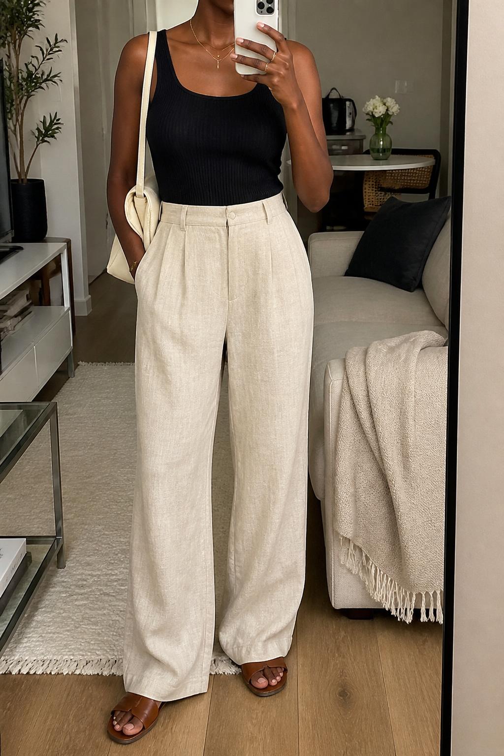 IMAGE_PROMPT: mirror selfie of a black woman wearing a black thick ribbed tank top, beige linen wide-leg trousers, brown leather slide sandals, cream shoulder bag, and delicate gold necklace, clearly showing the same clothing items listed in the Outfit Pieces section, holding a phone in front of a mirror, cropped at the NECK so the face does not show, relaxed casual selfie pose, in a stylish city apartment living room, soft morning light, with throw blanket on a living room sofa, latest iPhone photo quality.