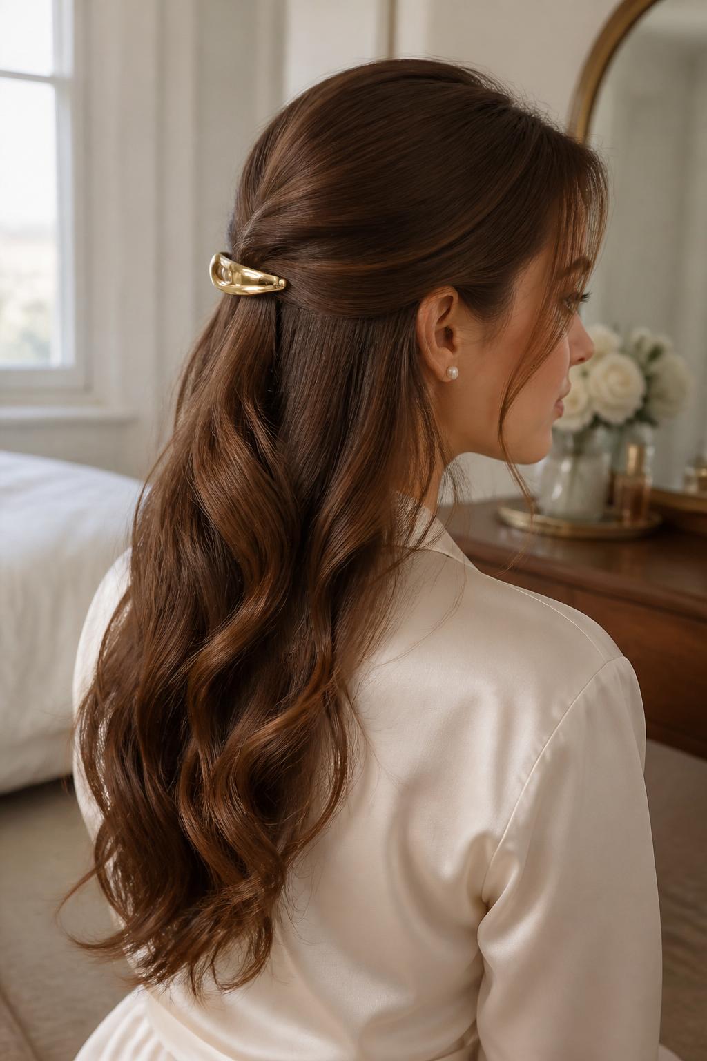Image Prompt:
A realistic editorial beauty photo of a woman with long chestnut brown hair styled in a classic half-up hairstyle secured with a polished gold French barrette clip at the back of the crown, soft loose waves flowing over the shoulders, smooth top section, delicate face-framing strands, cream satin blouse, pearl stud earrings, warm natural window light, elegant neutral bedroom vanity background, timeless feminine hairstyle inspiration, high-resolution DSLR photography, no text, (no watermarks on images)