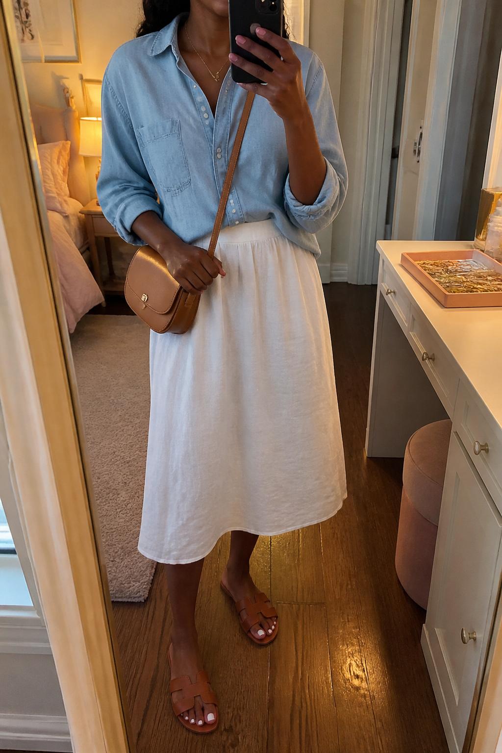 IMAGE_PROMPT: mirror selfie of a black woman wearing a light chambray button-down shirt, white linen midi skirt, brown leather flat sandals, tan crossbody bag, and delicate gold necklace, clearly showing the same clothing items listed in the Outfit Pieces section, holding a phone in front of a mirror, cropped at the NECK so the face does not show, relaxed casual selfie pose, in a feminine-themed bedroom, evening golden hour, with jewelry tray on the vanity, latest iPhone photo quality.
