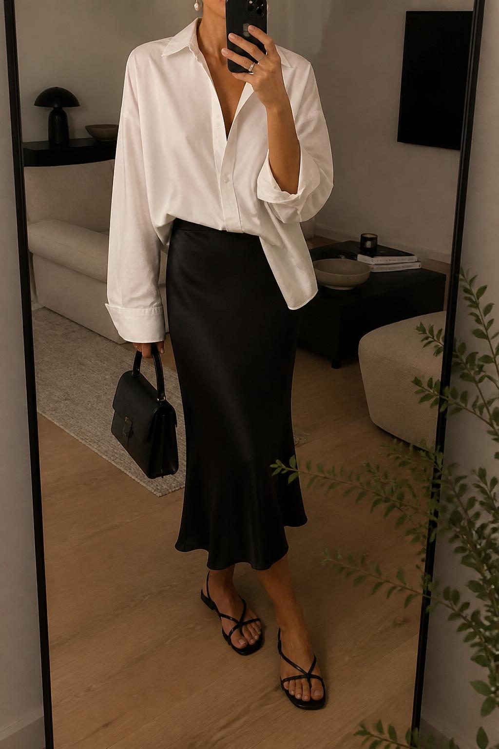 IMAGE_PROMPT: mirror selfie of a woman wearing a white oversized poplin shirt, black satin midi skirt, black leather flat sandals, small black top-handle bag, and pearl drop earrings, clearly showing the same clothing items listed in the Outfit Pieces section, holding a phone in front of a mirror, cropped at the NECK so the face does not show, relaxed casual selfie pose, in a modern living room mirror setup, warm moody lighting, with small plant beside the floor mirror, latest iPhone photo quality.