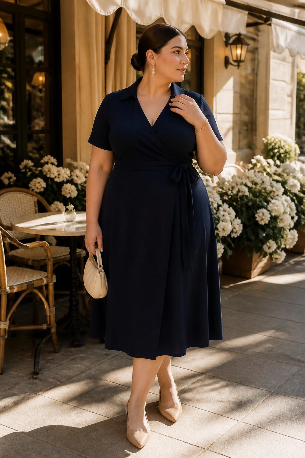 Image Prompt:
A classy old money plus size outfit showing a plus size woman wearing a navy wrap midi dress with short sleeves, nude slingback flats, pearl drop earrings, a small cream handbag, a slim gold bracelet, and a neat low bun. She is standing outside a charming café with white flowers, cream awnings, and warm afternoon sunlight. Realistic DSLR fashion editorial photo, full-body outfit, elegant feminine styling, timeless navy color palette, no text, no watermark.
