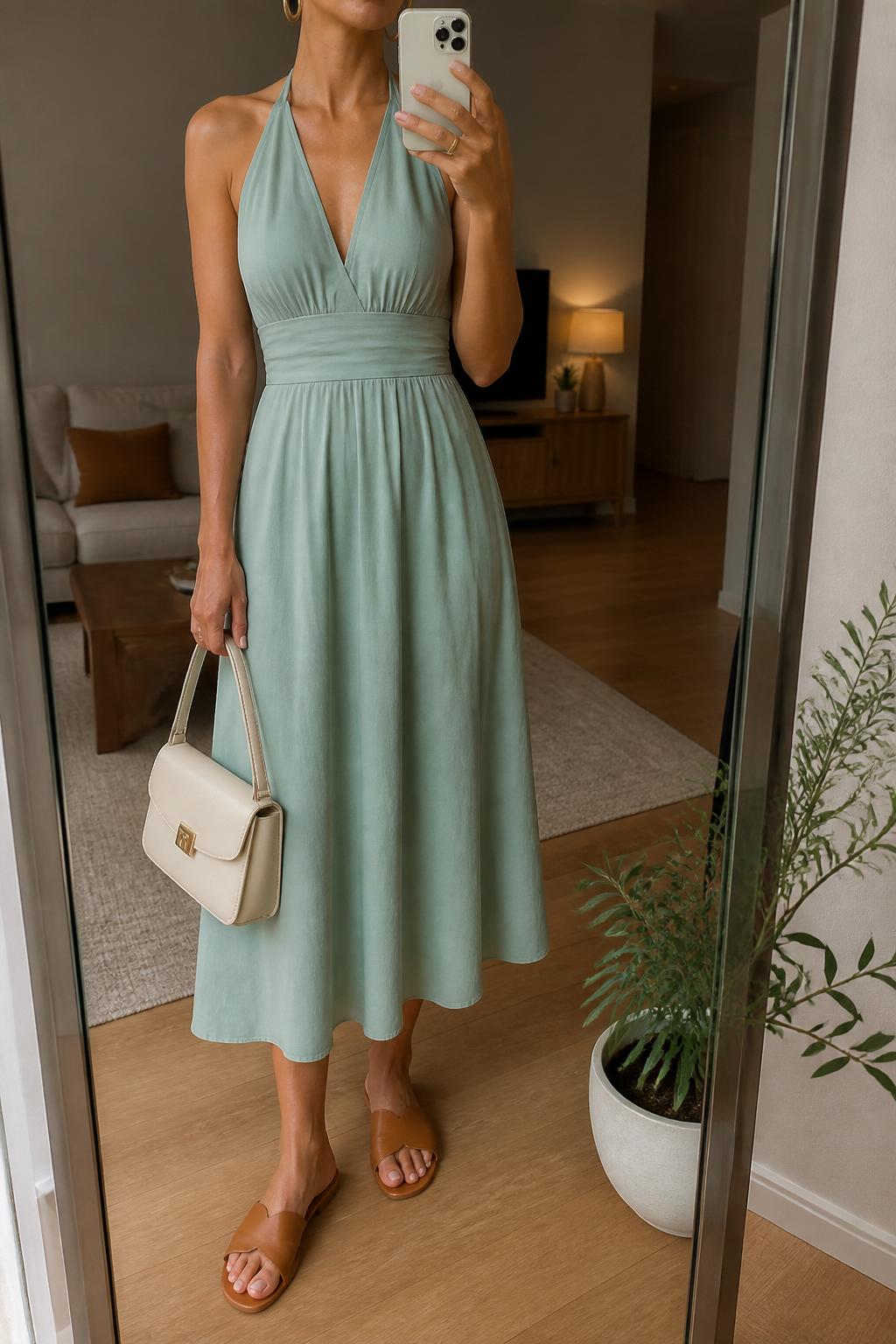 IMAGE_PROMPT: mirror selfie of a woman wearing a sea green halter midi dress, tan leather flat sandals, cream top-handle bag, gold hoop earrings, and smooth low bun, clearly showing the same clothing items listed in the Outfit Pieces section, holding a phone in front of a mirror, cropped at the NECK so the face does not show, relaxed casual selfie pose, in a modern living room mirror setup, warm moody lighting, with small plant beside the floor mirror, latest iPhone photo quality.