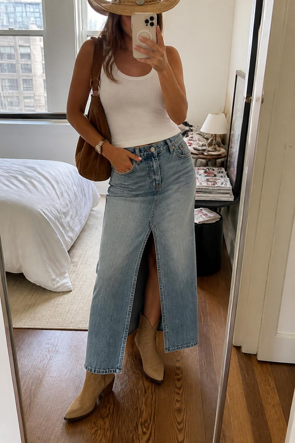 IMAGE_PROMPT: mirror selfie of a woman wearing a straw cowboy hat, white ribbed tank top, light wash denim maxi skirt with front slit, tan western ankle boots, and brown suede shoulder bag, clearly showing the same clothing items listed in the Outfit Pieces section, holding a phone in front of a mirror, cropped at the NECK so the face does not show, relaxed casual selfie pose, in a stylish city apartment bedroom, natural window light, with stack of fashion magazines on a side table, latest iPhone photo quality.
