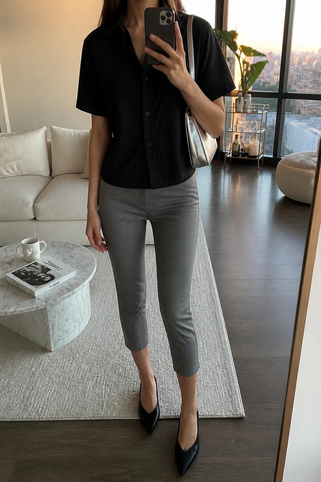 IMAGE_PROMPT: mirror selfie of a woman wearing a black short-sleeve cotton button-down shirt, grey slim capri pants, black leather pointed flats, silver mini shoulder bag, and sleek straight hair, clearly showing the same clothing items listed in the Outfit Pieces section, holding a phone in front of a mirror, cropped at the NECK so the face does not show, relaxed casual selfie pose, in a stylish city apartment living room, evening golden hour, with coffee table with a book and mug, latest iPhone photo quality.