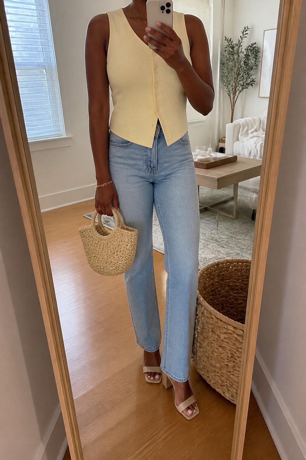 IMAGE_PROMPT: mirror selfie of a black woman wearing a butter yellow button-front sleeveless top, light wash straight-leg jeans, nude block-heel sandals, woven mini handbag, and delicate gold bracelet, clearly showing the same clothing items listed in the Outfit Pieces section, holding a phone in front of a mirror, cropped at the NECK so the face does not show, relaxed casual selfie pose, in a cozy living room with a leaning floor mirror, natural window light, with woven basket near the mirror, latest iPhone photo quality.