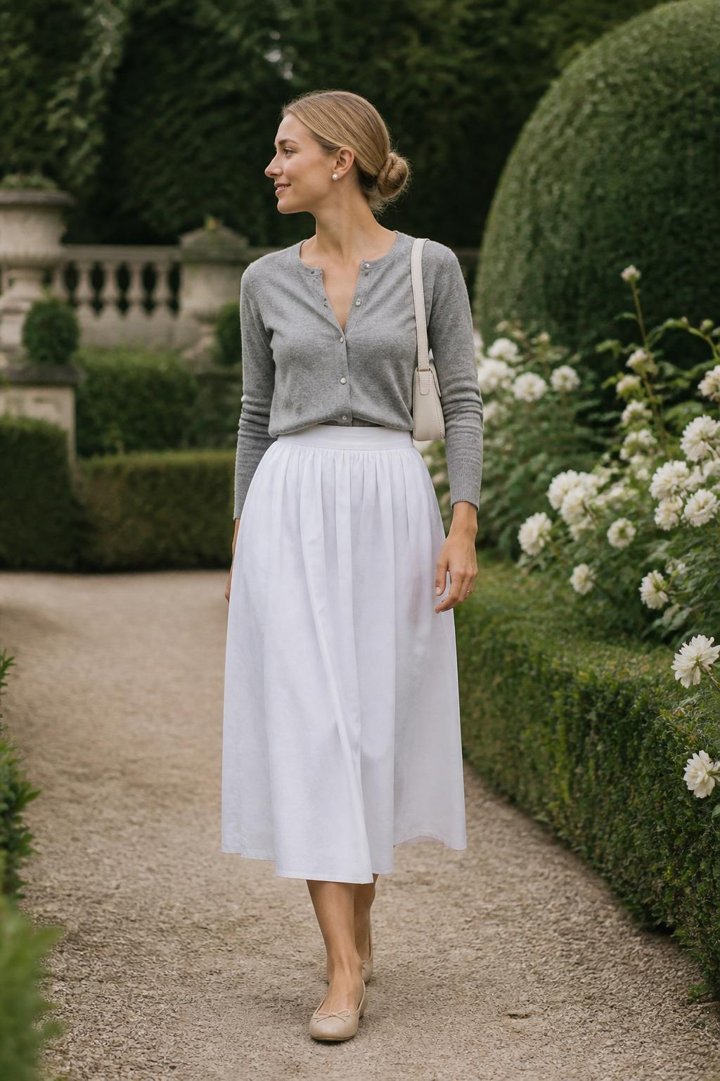 Image Prompt:
A soft old money casual outfit featuring a woman wearing a light gray cashmere cardigan buttoned halfway and tucked into a white cotton midi skirt, nude ballet flats, a small cream shoulder bag, pearl earrings, and a neat low bun. She is walking through a quiet garden path with trimmed hedges, white flowers, and soft natural light. Realistic fashion editorial photo, feminine casual elegance, clean neutral tones, no text, no watermark.