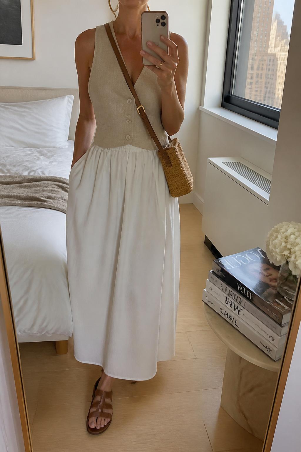 IMAGE_PROMPT: mirror selfie of a woman wearing a beige linen vest top, white cotton maxi skirt, brown leather sandals, tan woven crossbody bag, and small gold hoops, clearly showing the same clothing items listed in the Outfit Pieces section, holding a phone in front of a mirror, cropped at the NECK so the face does not show, relaxed casual selfie pose, in a stylish city apartment bedroom, natural window light, with stack of fashion magazines on a side table, latest iPhone photo quality.