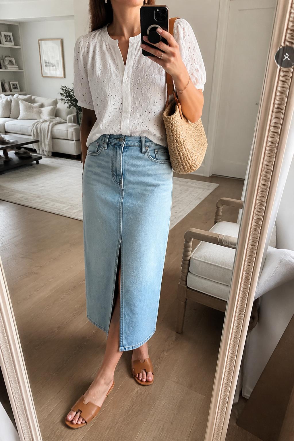 IMAGE_PROMPT: mirror selfie of a woman wearing a white eyelet short-sleeve blouse, light wash denim midi skirt with front slit, tan leather slide sandals, raffia shoulder bag, and small pearl earrings, clearly showing the same clothing items listed in the Outfit Pieces section, holding a phone in front of a mirror, cropped at the NECK so the face does not show, relaxed casual selfie pose, in a modern living room mirror setup, soft morning light, with accent chair beside the mirror, latest iPhone photo quality.