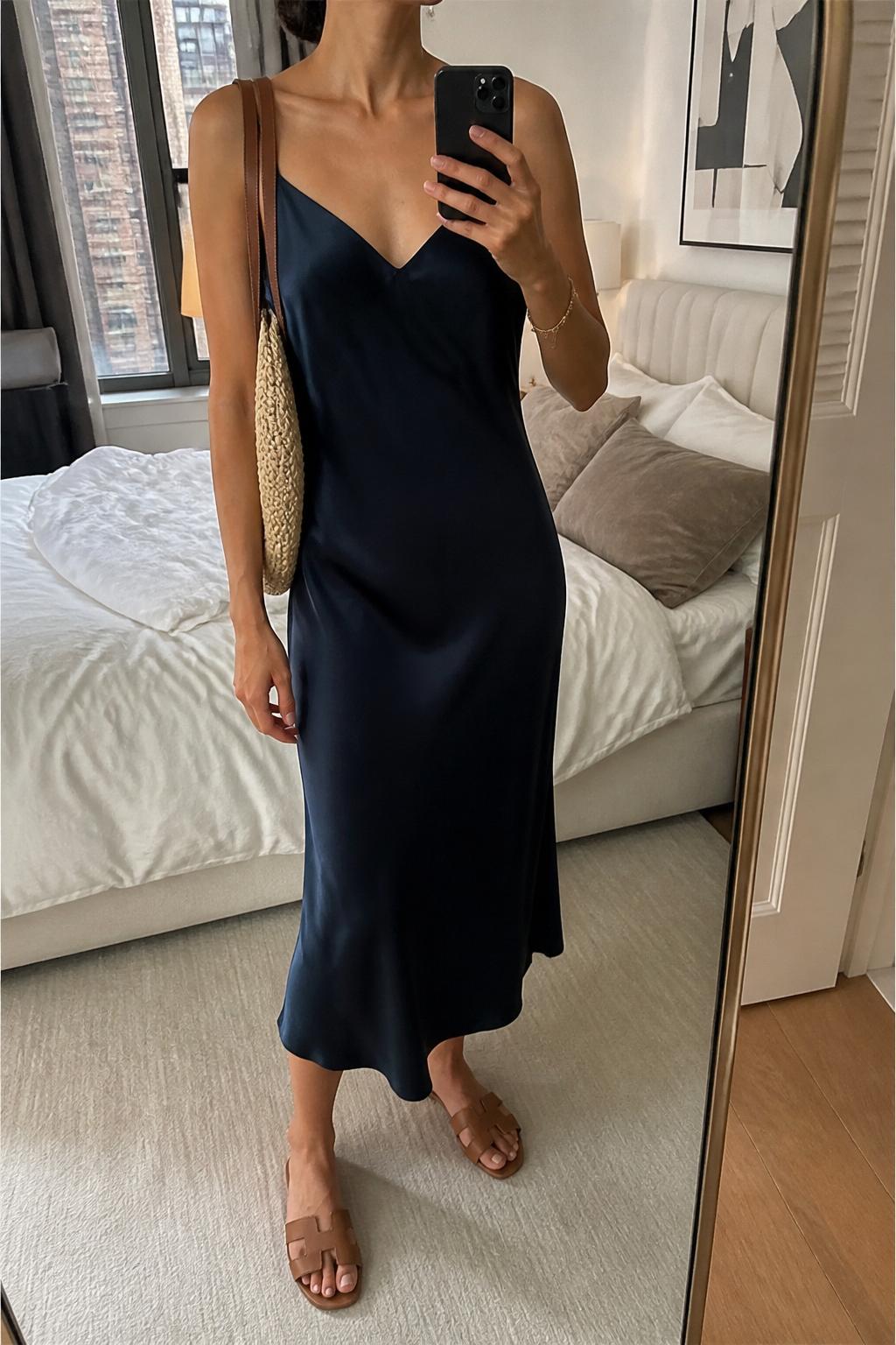 IMAGE_PROMPT: mirror selfie of a woman wearing a navy satin slip dress, tan leather flat sandals, straw shoulder bag, pearl stud earrings, and smooth low bun, clearly showing the same clothing items listed in the Outfit Pieces section, holding a phone in front of a mirror, cropped at the NECK so the face does not show, relaxed casual selfie pose, in a stylish city apartment bedroom, soft indoor lighting, with soft pillows on an unmade bed, latest iPhone photo quality.