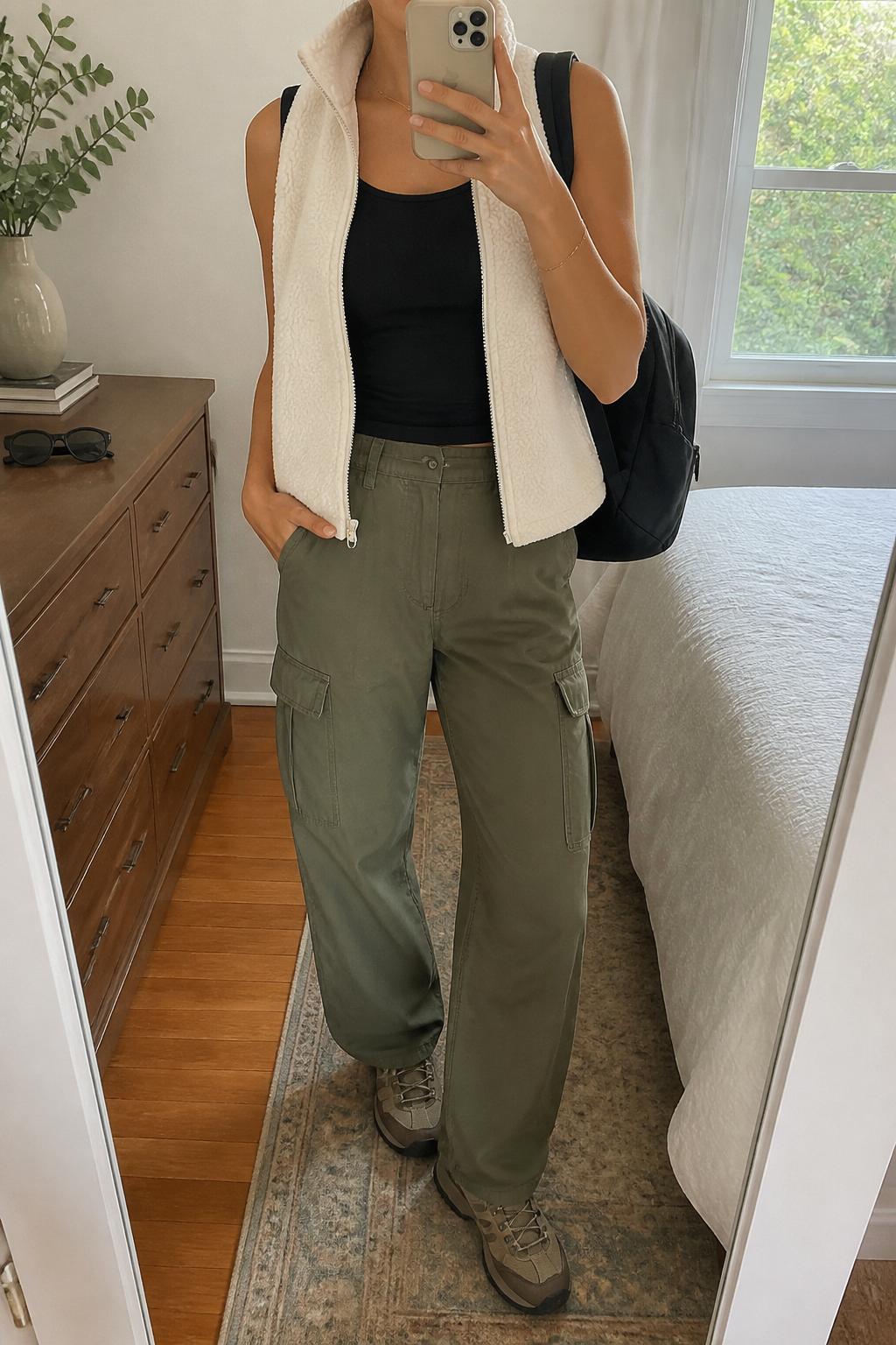 IMAGE_PROMPT: mirror selfie of a woman wearing a cream lightweight fleece vest, black fitted tank top, olive cargo pants, brown hiking sneakers, and black nylon mini backpack, clearly showing the same clothing items listed in the Outfit Pieces section, holding a phone in front of a mirror, cropped at the NECK so the face does not show, relaxed casual selfie pose, in a cozy bedroom mirror setup, natural window light, with sunglasses placed on a dresser, latest iPhone photo quality.