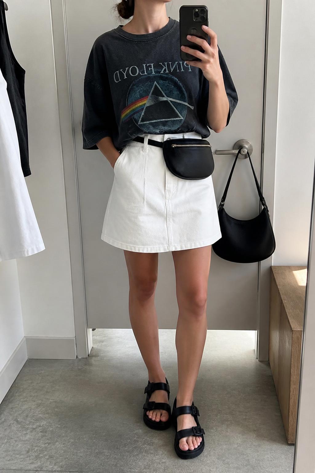 IMAGE_PROMPT: mirror selfie of a woman wearing an oversized faded black graphic tee, white cotton A-line mini skirt, black chunky sandals, black belt bag, and messy low bun, clearly showing the same clothing items listed in the Outfit Pieces section, holding a phone in front of a mirror, cropped at the NECK so the face does not show, relaxed casual selfie pose, in a minimal dressing room, soft morning light, with handbag hanging on a door handle, latest iPhone photo quality.