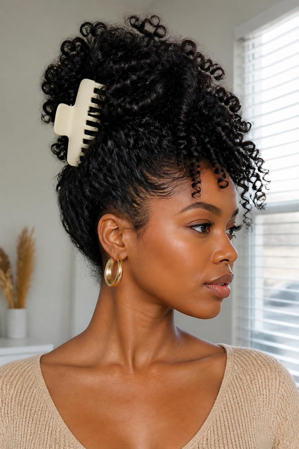 Image Prompt:
A realistic portrait photo of a black woman with medium-long natural curly hair styled into a high banana clip updo, curls gathered upward and secured with a large matte cream banana clip, defined curls spilling beautifully at the top, soft edges, warm brown skin, gold hoop earrings, beige knit top, bright natural window light, clean neutral background, modern curly hairstyle inspiration, high-resolution DSLR photo, no text, (no watermarks on images)
