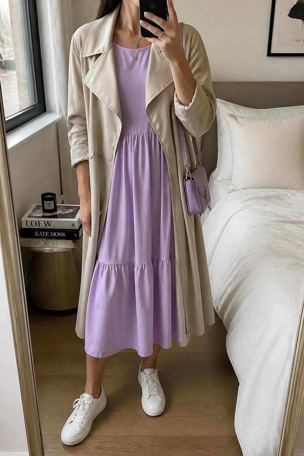 IMAGE_PROMPT: mirror selfie of a woman wearing a lavender cotton midi dress, lightweight stone trench coat, white leather sneakers, lilac mini shoulder bag, and delicate silver necklace, clearly showing the same clothing items listed in the Outfit Pieces section, holding a phone in front of a mirror, cropped at the NECK so the face does not show, relaxed casual selfie pose, in a stylish city apartment bedroom, natural window light, with stack of fashion magazines on a side table, latest iPhone photo quality.
