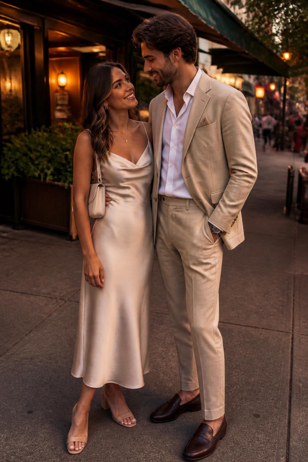 Outfit Image Prompt:
A stylish couple standing outside a warm city restaurant at golden hour, realistic soft editorial photo style shot on a good phone camera, natural skin texture, soft evening light, realistic shadows, slightly blurred street background. The woman wears a champagne satin midi slip dress with soft fabric folds, thin straps, a delicate gold necklace, small hoop earrings, a cream mini shoulder bag, and nude block-heel sandals. Her hair is in loose soft waves with natural makeup. The man wears a soft beige tailored suit with a white open-collar shirt, brown leather loafers, a simple watch, and a pocket square in a muted champagne tone. They stand close in a relaxed candid pose, not overly polished, with normal clothing wrinkles and natural body posture. No over-sharpening, no plastic-looking skin, no waxy faces, no hyper-glossy finish, no AI-perfect symmetry, no fake-perfect hands, no airbrushed faces, no watermarks on images.
